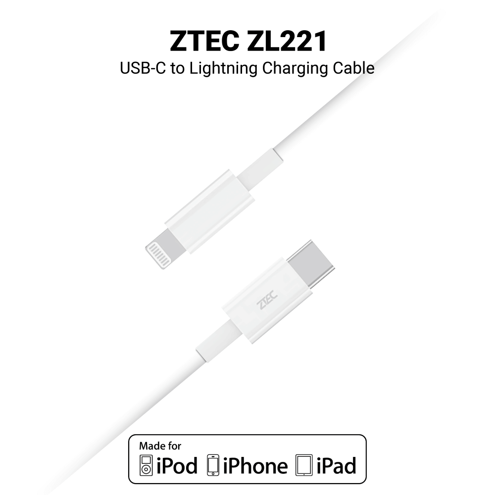 สายชาร์จเร็ว ZTEC รุ่น ZL221 USB-C to Lightning 1 เมตร สีขาว (รองรับมาตรฐาน MFI)